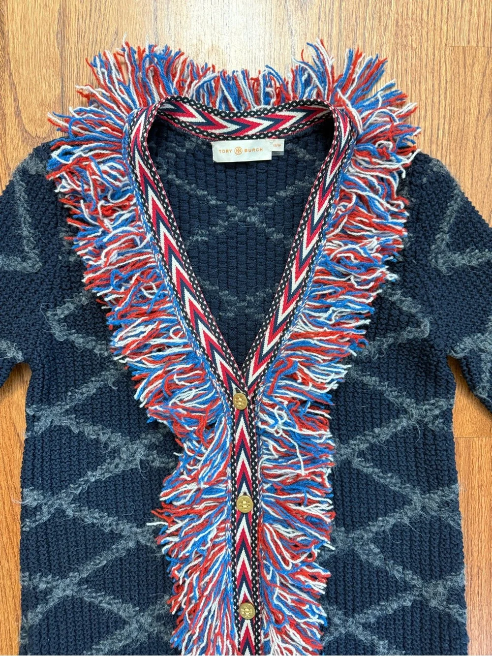 Tory Burch Tweed Trim Long Cardigan in Tory Navy Size XS